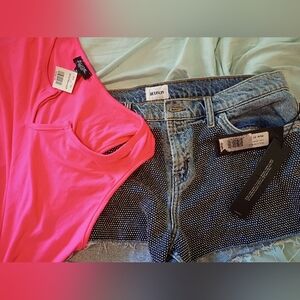 Rare HudsonMetal Studs Jean Shorts &Neon Pink Top Both NWT 31MSRP$255 WOW!